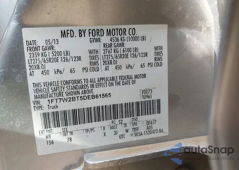 2013 Ford F-250 Lariat from USA, damaged, VIN 1FT7W2BT5DEB61565